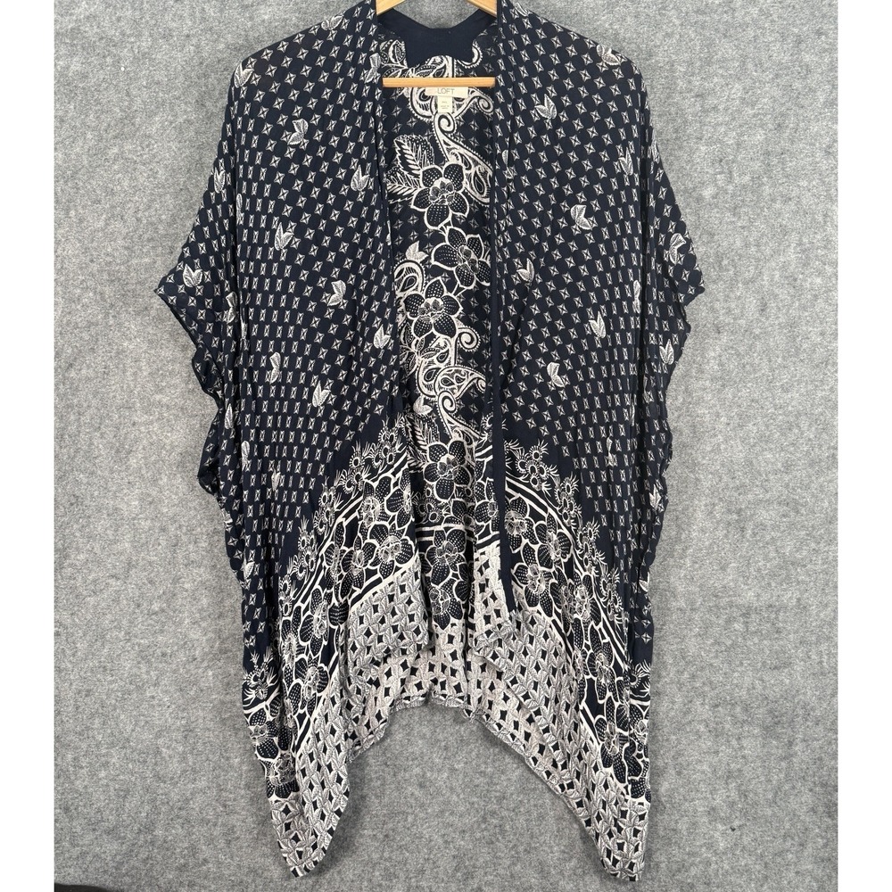 Loft Kimono Cardigan Womens M/L Floral Print Open Front Navy White Abstract